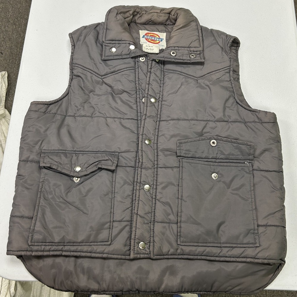 Dickies Quilted Puffer Vest Mens L Gray Vintage Western Yoke Snap Front H2